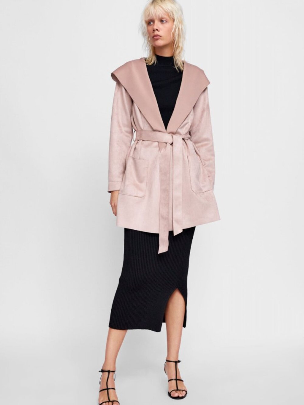 ZARA Faux Suede Belted Hooded Coat Jacket Mauve Gray S